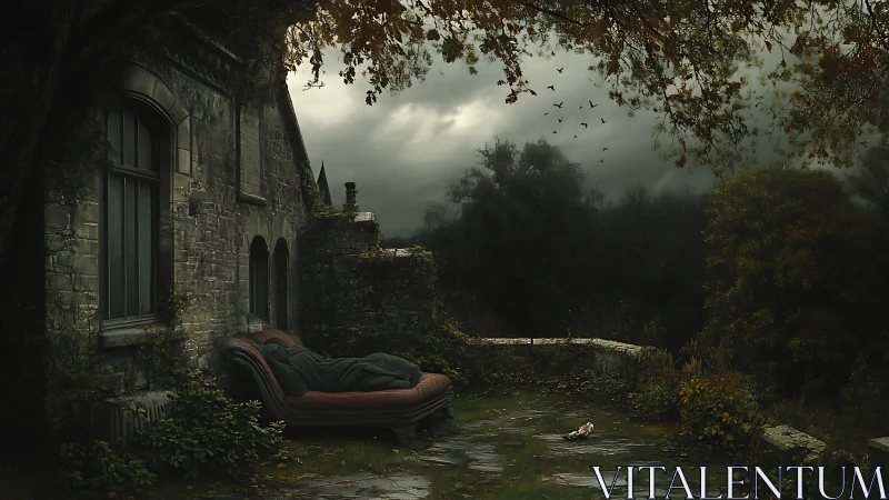 Quiet gothic terrace where stormy skies cradle a dreamer.