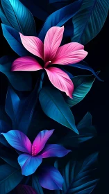 Vibrant Tropical Flowers Bloom in Neon Pink and Blue