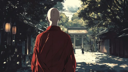 Monk in red robe walking toward sunlit Shinto shrine gate.