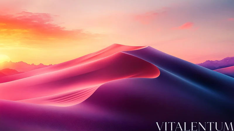 Digital painting of neon dunes under chromatic sunrise glow.