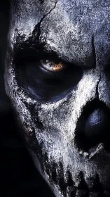 Cracked metallic skull close-up glows with a haunting gaze
