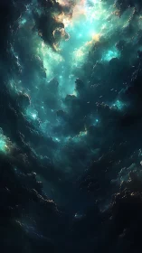 Vertical view of luminous turquoise storm clouds formation.
