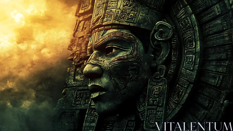 Monumental Mayan stone visage in dramatic digital painting.
