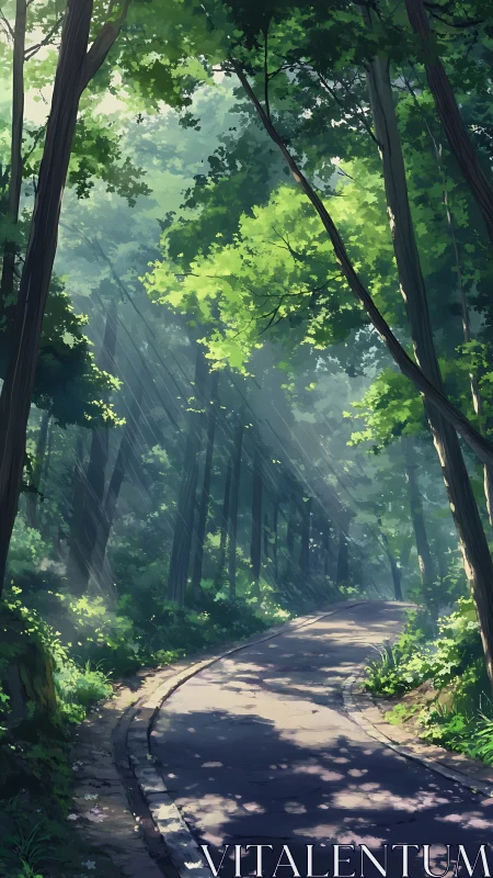 Sunlit Forest Path Through Towering Trees.