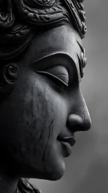 Serene side profile of a weathered stone deity statue in gray.