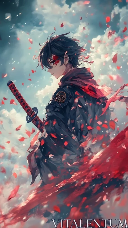 Red-scarfed anime swordsman in swirling petals and sky.