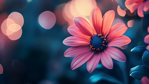 Pink Daisy with Deep Blue Disk Center in Bokeh Light Field Environment
