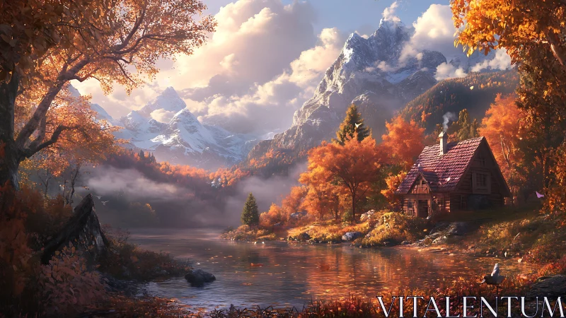 Autumn lakeside cabin below snow covered mountain peaks.