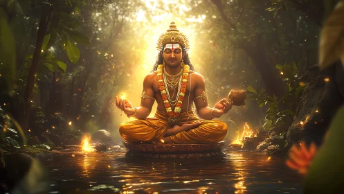 Divine forest deity meditating over glowing river light.