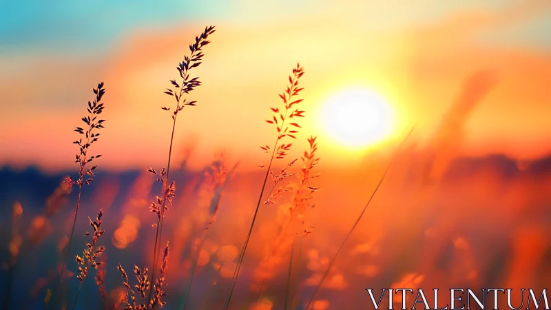 Sunlit meadow grasses glowing in a dreamy warm sunset.