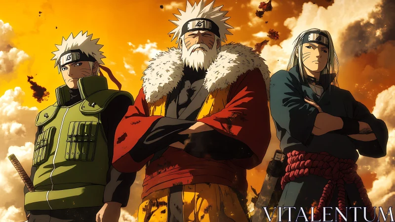 Triadic warrior lineup under dramatic backlit storm sky