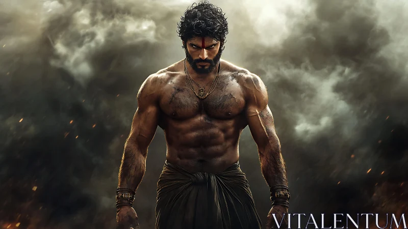 Muscular male figure stands shirtless before dense smoky backdrop