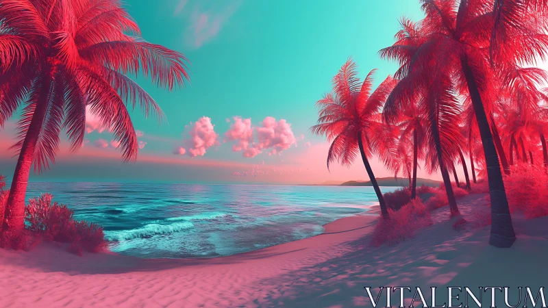 Tropical Beach Sunset with Red Palm Trees.