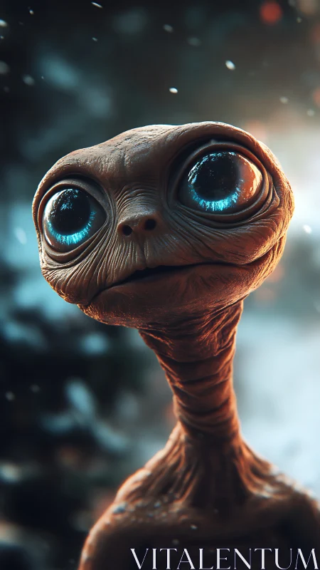 Gentle wide-eyed alien portrait under falling snowlight.