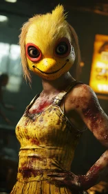 Human figure wears yellow cartoon bird mask and bloody dress