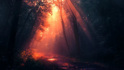 Directional Sunburst Through Dense Forest Canopy with Atmospheric Volumetric Lighting.