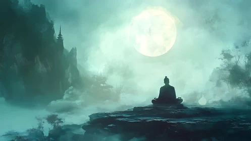 Monk meditates under luminous full moon in misty mountains.
