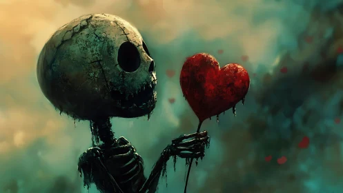 Skeleton holding a bleeding red heart in misty sky scene.