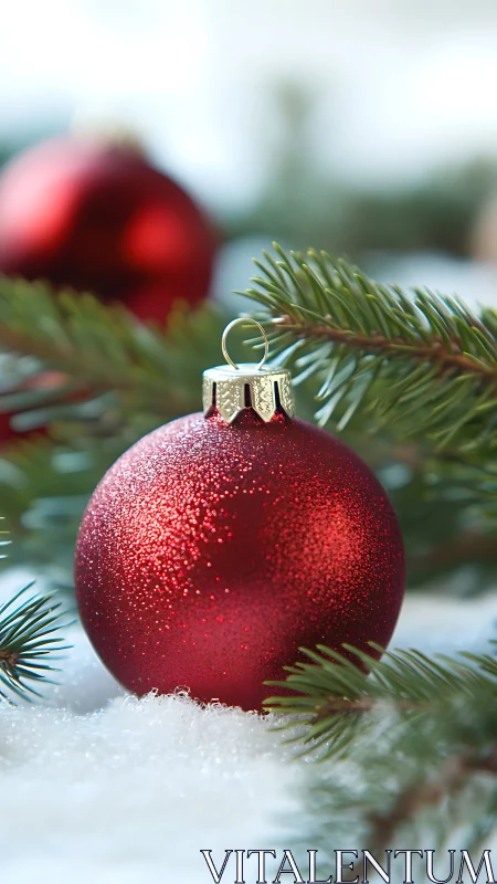 Macro study of red bauble microtexture on snow-laden fir branch.