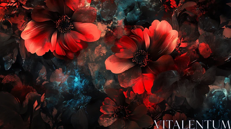 High-contrast digital rendering of crimson cosmos flowers with teal atmospheric scattering effects