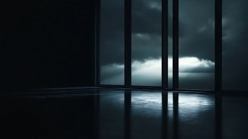 Stormy Horizon Viewed from Modern Empty Interior.