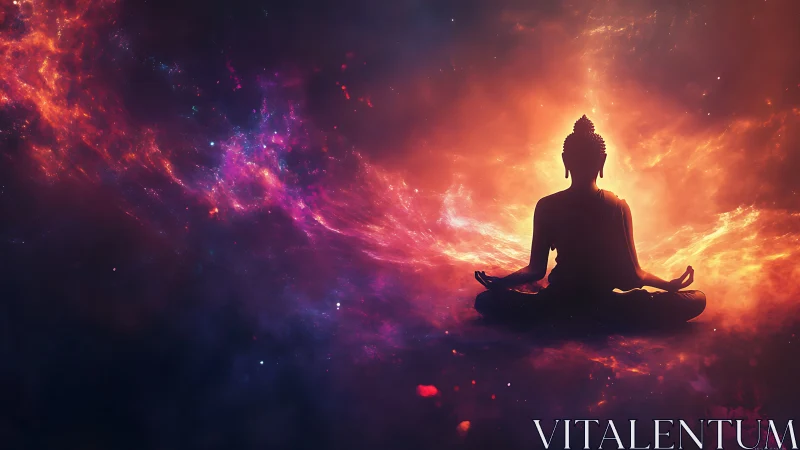 Cosmic Buddha silhouette within radiant nebula glow.