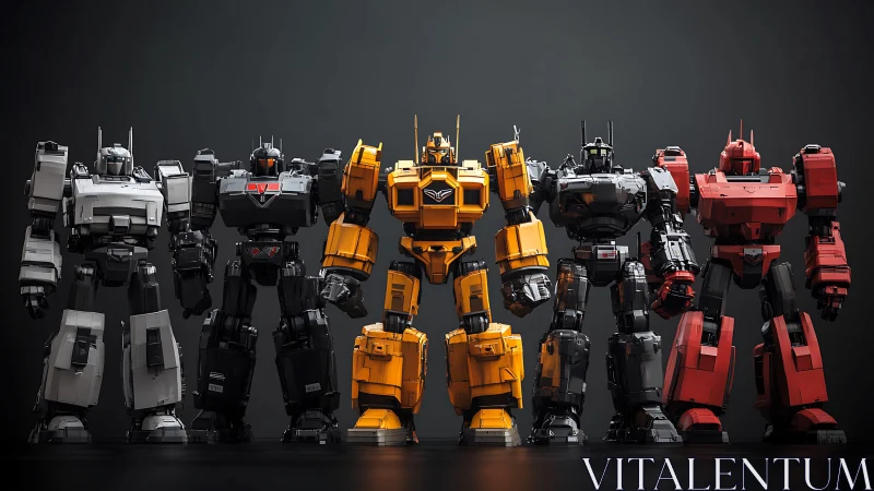 Industrial mecha squad in dramatic studio lighting lineup.