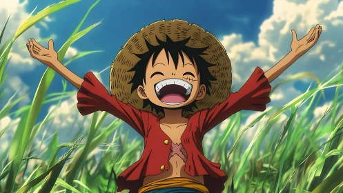 Joyful straw hat kid celebrating sunshine in tall grass.