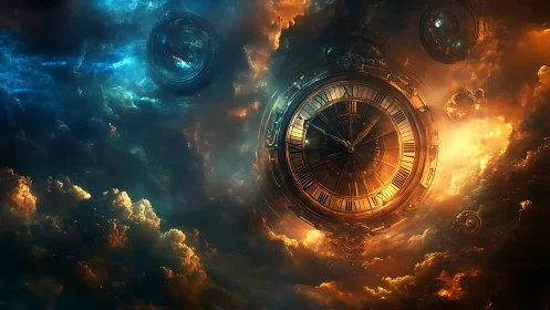 Floating mechanical clock within luminous cloud field.