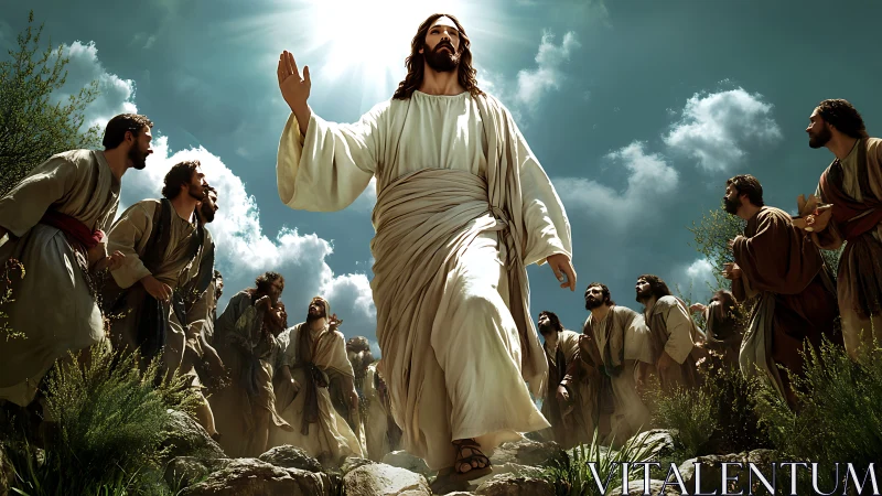 Radiant robed leader ascending hillside under haloed sun.