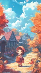 Child on pumpkin-lined village path under bright autumn sky.