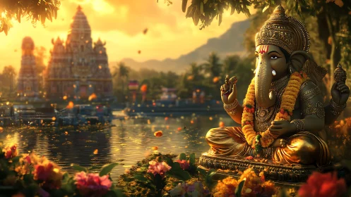 Golden riverside Ganesha in soft sunset devotion.