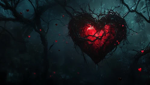Luminous Heart Suspended in Dark Deciduous Forest with Photorealistic Rendering