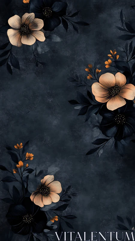 Dark Botanical Composition: Peach Flowers with Black Foliage and Orange Accents