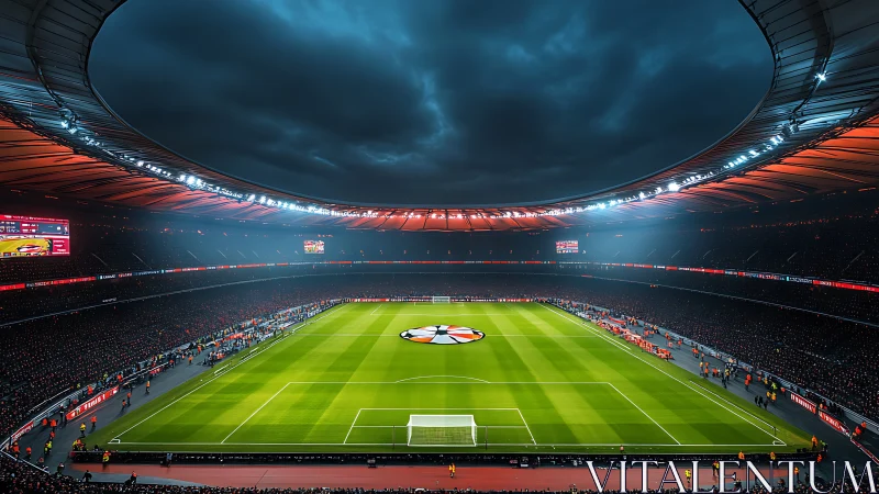 Floodlit football stadium under dark stormy evening sky.