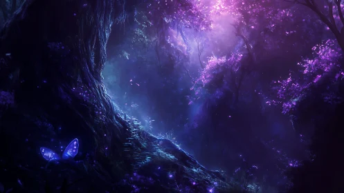 Enchanted violet forest glows under a dreamy twilight veil