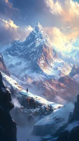 Solitary figure stands on snowy ridge before towering peak