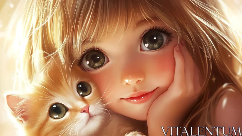 Young girl and orange kitten share a warm, glowing moment together.