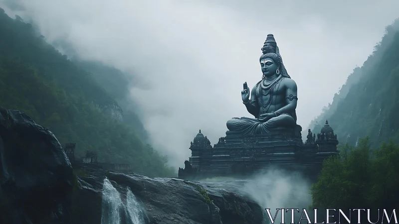 Colossal mist-veiled mountain statue above cascading falls.