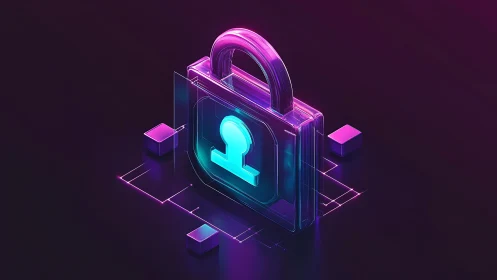 Neon 3D security padlock icon with digital grid glow.