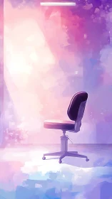 Solitary office chair under ethereal pink violet light.