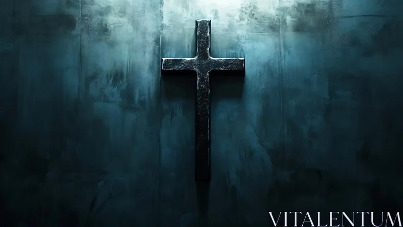 Textured metallic cruciform on dim cyan architectural plane.