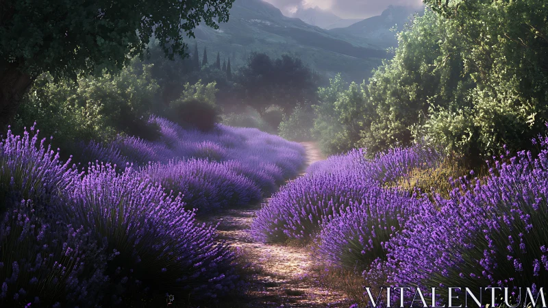 Sunlit lavender path recedes through dense Mediterranean foliage