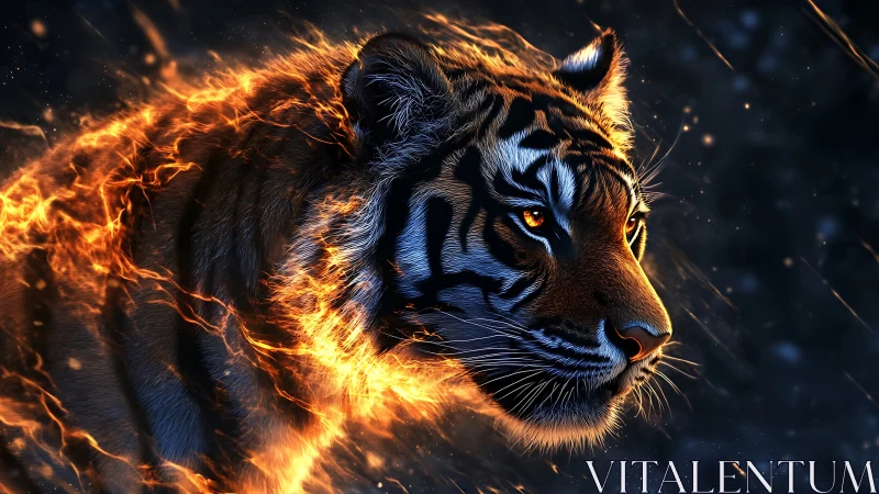 Flaming tiger portrait in dynamic digital painting composition.