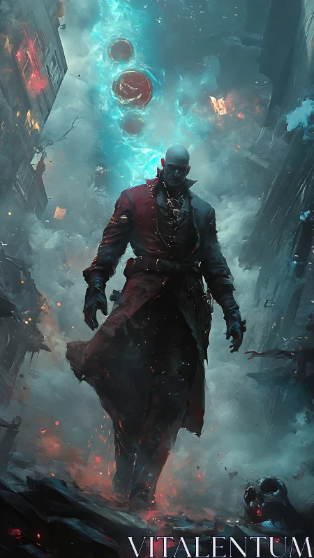 Stormlit mage strides through a shattered, glowing street