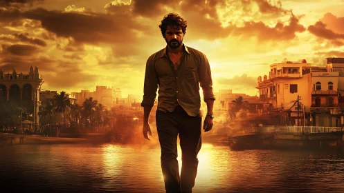 Man walking by river in dramatic golden sunset cityscape.