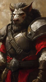 Armored minotaur warrior in red cloak stands ready.