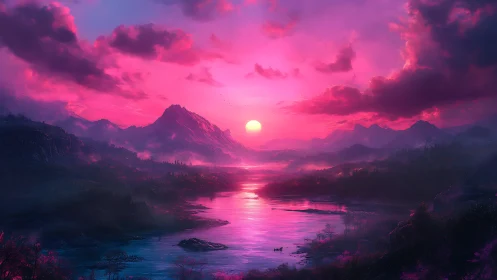 Vivid pink sunset over river valley and distant mountains.