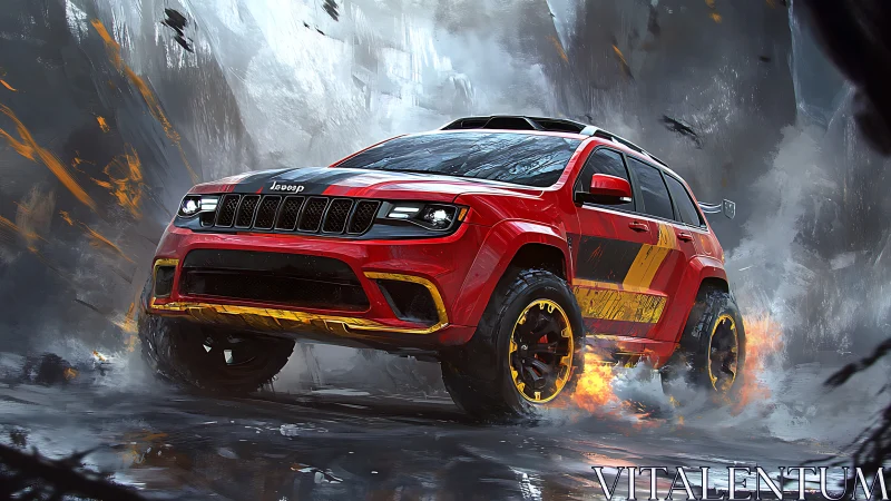 Red off-road SUV drifts through smoky, stylized terrain