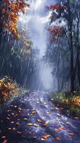 Autumn Rain's Enchanted Path Through Golden Trees.